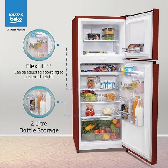 Voltas బెకో ‘ఎ టాటా ప్రొడక్ట్’ 248 L 2 స్టార్ ఫ్రాస్ట్ ఫ్రీ రిఫ్రిజిరేటర్, రెండు వేర్వేరు కూలింగ్ సిస్టమ్‌తో (RFF285D/W0CWR0I0000GO, సెలిన్ వైన్) యొక్క చిత్రం