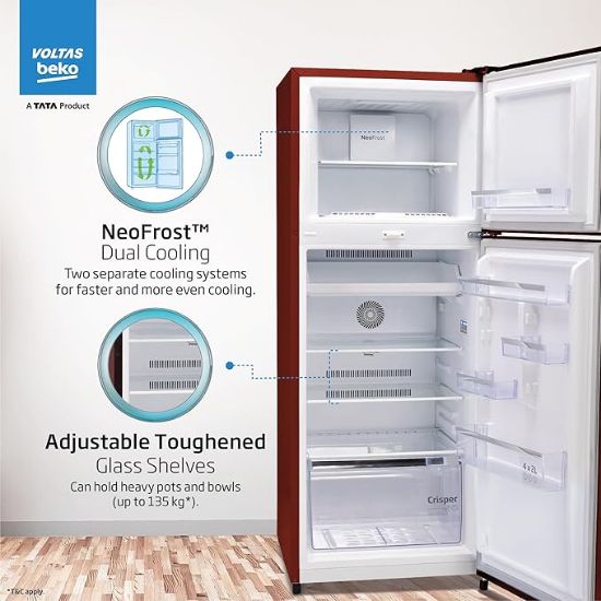 Voltas బెకో ‘ఎ టాటా ప్రొడక్ట్’ 248 L 2 స్టార్ ఫ్రాస్ట్ ఫ్రీ రిఫ్రిజిరేటర్, రెండు వేర్వేరు కూలింగ్ సిస్టమ్‌తో (RFF285D/W0CWR0I0000GO, సెలిన్ వైన్) యొక్క చిత్రం
