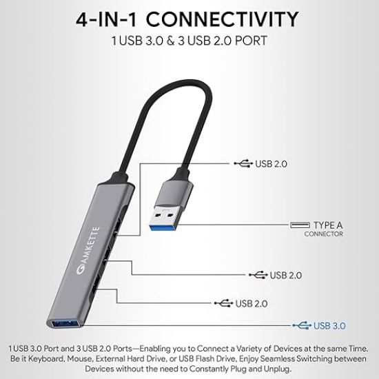 ల్యాప్‌టాప్/PC కోసం ఆమ్కెట్ 4 పోర్ట్ USB హబ్, USB 3.0 పోర్ట్‌తో 5 Gbps సూపర్‌స్పీడ్ డేటా ట్రాన్స్‌మిషన్, 1*USB 3.0 పోర్ట్‌లు, 3*USB 2.0 పోర్ట్, సొగసైన మెటల్ డిజైన్, అన్ని USB, PC, ల్యాప్‌టాప్ (గ్రే) లతో యూనివర్సల్లీ కంపాటబుల్. యొక్క చిత్రం