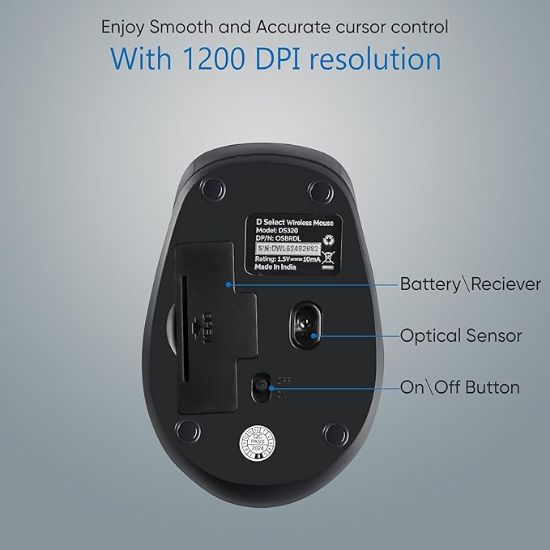 D SELECT వైర్‌లెస్ మౌస్ DS320-నలుపు USB టైప్ A కనెక్టర్‌తో, 1200DPi, తేలికైనది | డెల్ ద్వారా మార్కెట్ చేయబడింది యొక్క చిత్రం