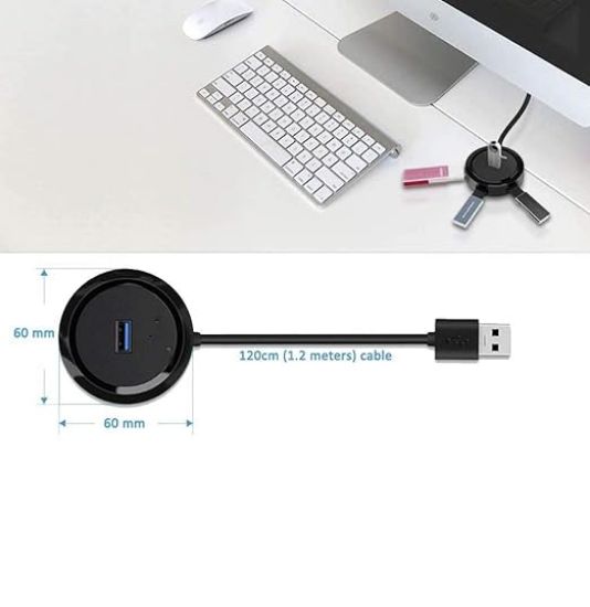 MacBook Air/Mac Mini/iMac Pro/Microsoft Surface/Ultrabooks/Laptop/Notebook/Desktop (Black XL-6032) కోసం 1.2 మీటర్ల పొడవైన కేబుల్‌తో LipiWorld® 4 పోర్ట్‌ల రౌండ్ USB ఎక్స్‌టెన్షన్ బోర్డ్ USB 3.0 స్మార్ట్ హబ్. యొక్క చిత్రం