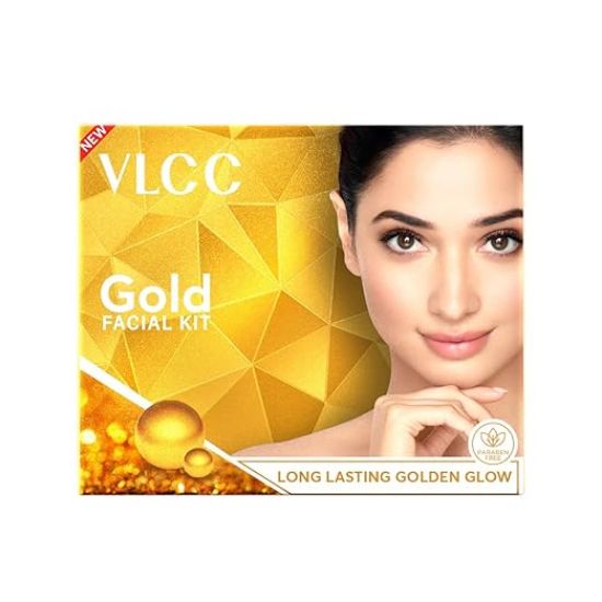 VLCC గోల్డ్ ఫేషియల్ కిట్, ప్రకాశవంతమైన & మెరిసే చర్మం - 60 గ్రా | ప్రకాశవంతమైన మెరుపు కోసం మీ చర్మాన్ని విలాసపరచండి | 24K గోల్డ్ భస్మ, గులాబీ సారాలు, పసుపు & కలబందతో పార్లర్ గ్లో. యొక్క చిత్రం