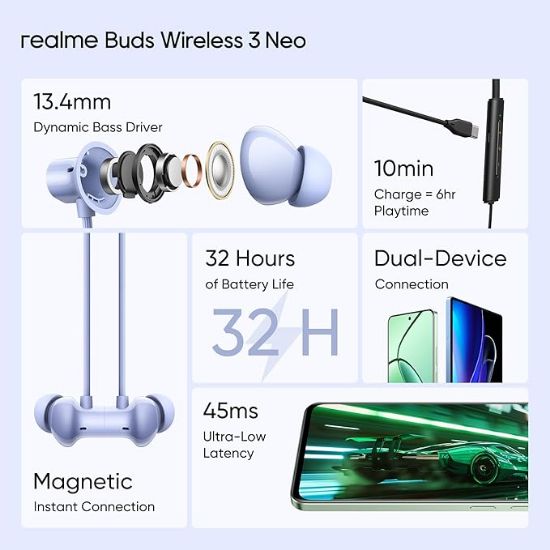 Realme బడ్స్ వైర్‌లెస్ 3 నియో ఇన్ ఇయర్ బ్లూటూత్ నెక్‌బ్యాండ్ విత్ 13.4 ఎంఎం డైనమిక్ బాస్ బూస్ట్ డ్రైవర్, 32 గంటల వరకు ప్లేబ్యాక్, ఫాస్ట్ ఛార్జ్, ఎఐ ఎన్సి, 45 ఎంఎస్ తక్కువ లేటెన్సీ, ఐపి 55 డస్ట్ & వాటర్ రెసిస్టెంట్ & బ్లూటూత్ వి 5.4 బ్లూ యొక్క చిత్రం