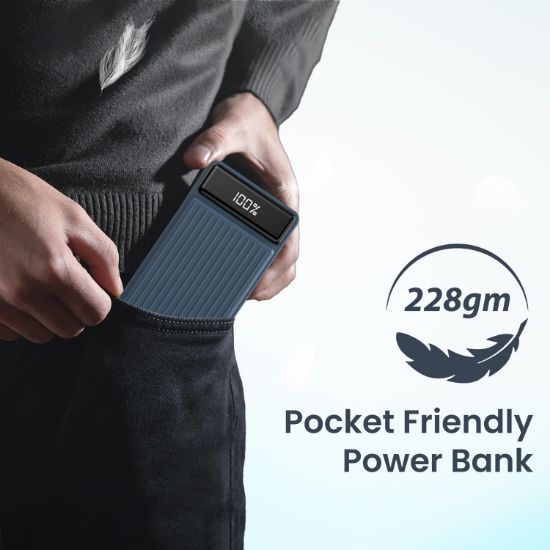 పోర్ట్రోనిక్స్ లక్స్ సెల్ B 10K 10000 mAh 22.5W ఫాస్ట్ ఛార్జింగ్ పవర్ బ్యాంక్, మాక్ USB-A అవుట్‌పుట్‌తో అల్ట్రా స్లిమ్ పవర్ బ్యాంక్, టైప్ C PD అవుట్‌పుట్, టైప్ C ఇన్‌పుట్, వేక్ అప్ బటన్ (డార్క్ బ్లూ) యొక్క చిత్రం