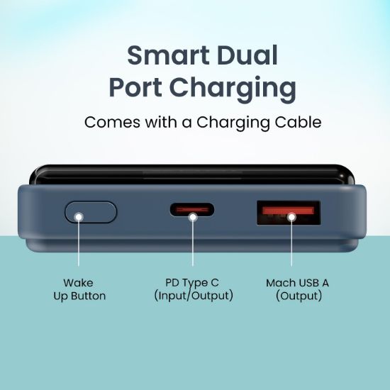 పోర్ట్రోనిక్స్ లక్స్ సెల్ B 10K 10000 mAh 22.5W ఫాస్ట్ ఛార్జింగ్ పవర్ బ్యాంక్, మాక్ USB-A అవుట్‌పుట్‌తో అల్ట్రా స్లిమ్ పవర్ బ్యాంక్, టైప్ C PD అవుట్‌పుట్, టైప్ C ఇన్‌పుట్, వేక్ అప్ బటన్ (డార్క్ బ్లూ) యొక్క చిత్రం