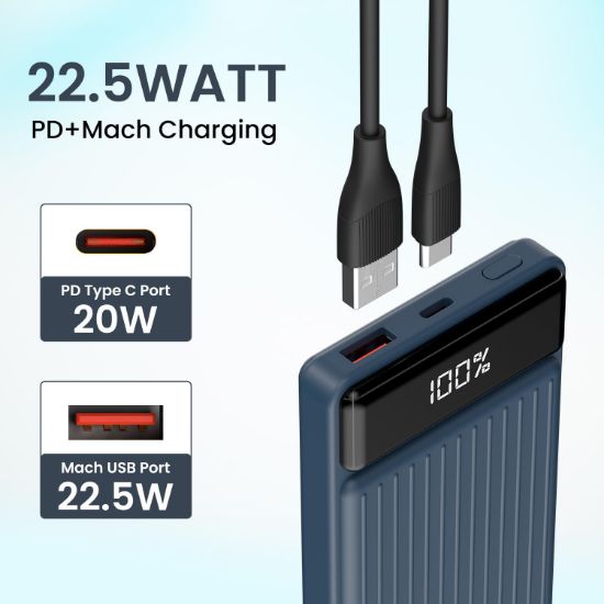 పోర్ట్రోనిక్స్ లక్స్ సెల్ B 10K 10000 mAh 22.5W ఫాస్ట్ ఛార్జింగ్ పవర్ బ్యాంక్, మాక్ USB-A అవుట్‌పుట్‌తో అల్ట్రా స్లిమ్ పవర్ బ్యాంక్, టైప్ C PD అవుట్‌పుట్, టైప్ C ఇన్‌పుట్, వేక్ అప్ బటన్ (డార్క్ బ్లూ) యొక్క చిత్రం