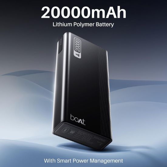 boAt Energyshroom PB401 20000mAh పవర్ బ్యాంక్ | మైక్రో USB మరియు టైప్ C (2-వే ఇన్‌పుట్ పోర్ట్‌లు), 22.5W, 3X అవుట్‌పుట్ పోర్ట్‌లు, టాబ్లెట్‌లు, స్మార్ట్‌ఫోన్‌లు, ఇయర్‌బడ్‌లు, స్మార్ట్‌వాచ్ (కార్బన్ బ్లాక్) తో అనుకూలమైనది యొక్క చిత్రం