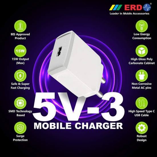 ERD TC-31 USB-A డాక్ ఛార్జర్ | ఫాస్ట్ ఛార్జింగ్ టెక్నాలజీ | యూనివర్సల్ కంపాటబిలిటీ | అన్ని ఆండ్రాయిడ్ పరికరాలకు అనుకూలం తెలుపు రంగు | 150-240V AC, 50/60 Hz, 15Watt, 3Amp యొక్క చిత్రం