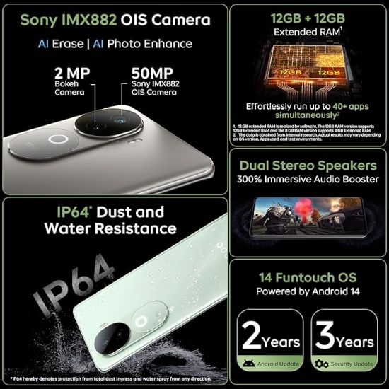 iQOO Z9s 5G (Onyx Green, 8GB RAM, 128GB స్టోరేజ్) | 120 Hz 3D కర్వ్డ్ AMOLED డిస్ప్లే | 5500 mAh అల్ట్రా-సన్నని బ్యాటరీ | డైమెసిటీ 7300 5G ప్రాసెసర్ | ఆరా లైట్‌తో సోనీ IMX882 OIS కెమెరా యొక్క చిత్రం