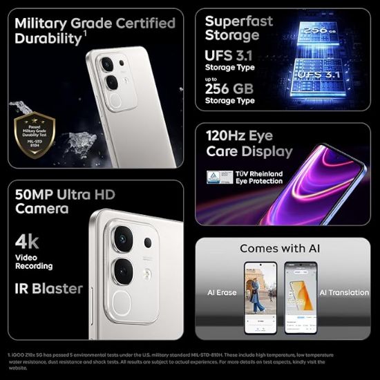 iQOO Z10x 5G (టైటానియం, 6GB RAM, 128GB నిల్వ) | 6500 mAh పెద్ద కెపాసిటీ బ్యాటరీ | డైమెన్సిటీ 7300 ప్రాసెసర్ | మిలిటరీ-గ్రేడ్ మన్నిక యొక్క చిత్రం