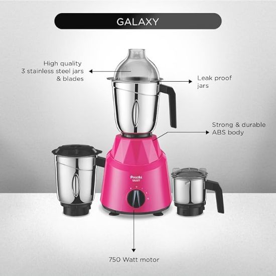 Preethi Galaxy MG225 మిక్సర్ గ్రైండర్, 750 వాట్, 3 జాడి, పింక్/నలుపు (3 జార్) యొక్క చిత్రం