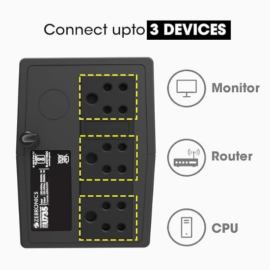 ఆఫీస్ కంప్యూటర్ల కోసం ZEBRONICS U735 600VA/360W మైక్రోకంట్రోలర్ ఆధారిత UPS | ఆటో రీస్టార్ట్, జనరేటర్ అనుకూలమైన, బూస్ట్ & బక్ AVR, అంతర్నిర్మిత రక్షణ కలిగిన హోమ్ PC, (రౌటర్లకు కాదు) యొక్క చిత్రం