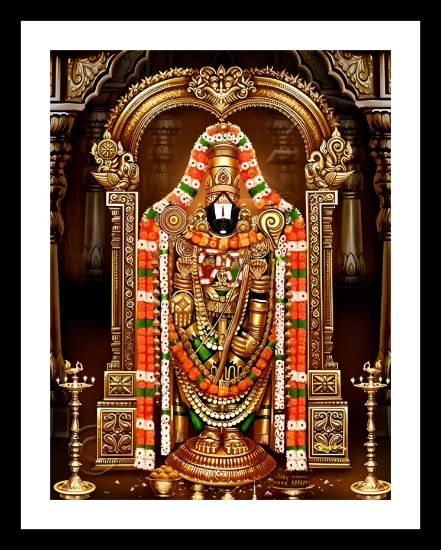దివ్య తిరుమల తిరుపతి బాలాజీ స్వామి ఫోటో ఫ్రేమ్ – శ్రీ వెంకటేశ్వర శ్రీనివాస గోవింద బంగారు అలంకరణ, పవిత్ర ఆభరణాలు & ఇల్లు, కార్యాలయం & ఆలయ అలంకరణ కోసం దండలు యొక్క చిత్రం