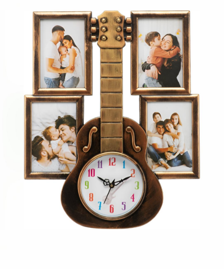 4 ఫోటో ఫ్రేమ్‌లతో స్టైలిష్ గిటార్ షేప్ వాల్ క్లాక్ | ఫ్యామిలీ ఫోటో డిస్ప్లేతో అలంకార చెక్క ఫినిష్ వాల్ క్లాక్ | ఆధునిక ఇల్లు & ఆఫీస్ వాల్ డెకర్, గిఫ్టింగ్ ఐటెమ్ యొక్క చిత్రం