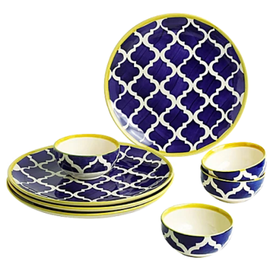 ఎక్స్‌క్లూజివ్ లేన్ సిరామిక్ డిన్నర్ సెట్ - కటోరిస్‌తో కూడిన ప్లేట్లు, మొరాకన్ డైనింగ్, చేతితో పెయింట్ చేయబడినవి, 8 ముక్కలు యొక్క చిత్రం